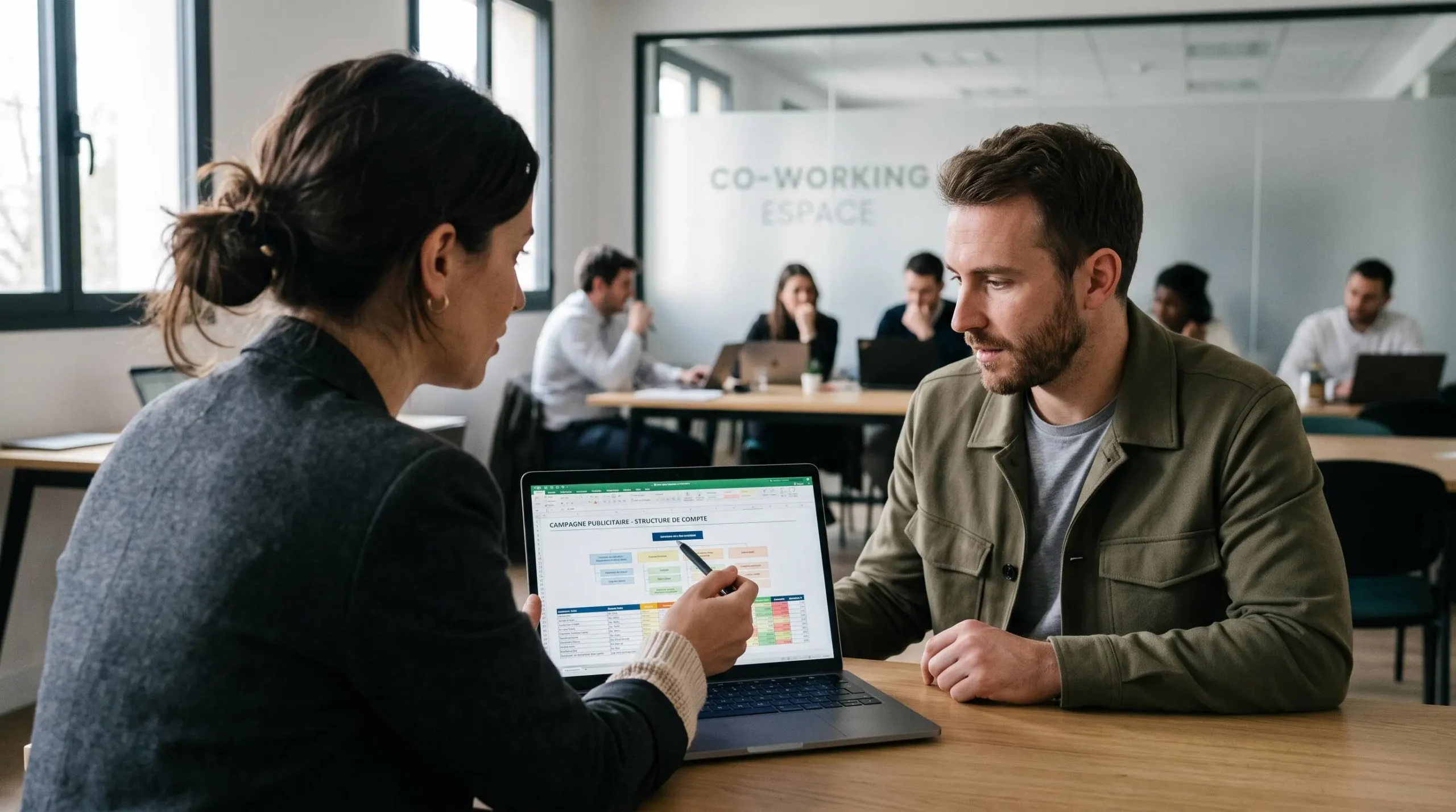 Une consultante explique la structure d'un compte publicitaire à son client devant un ordinateur portable.