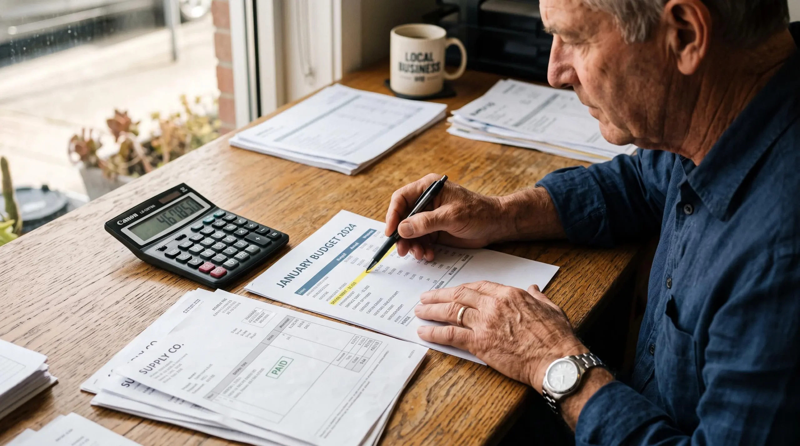 Des mains examinent des factures et un budget posés sur un bureau en bois.