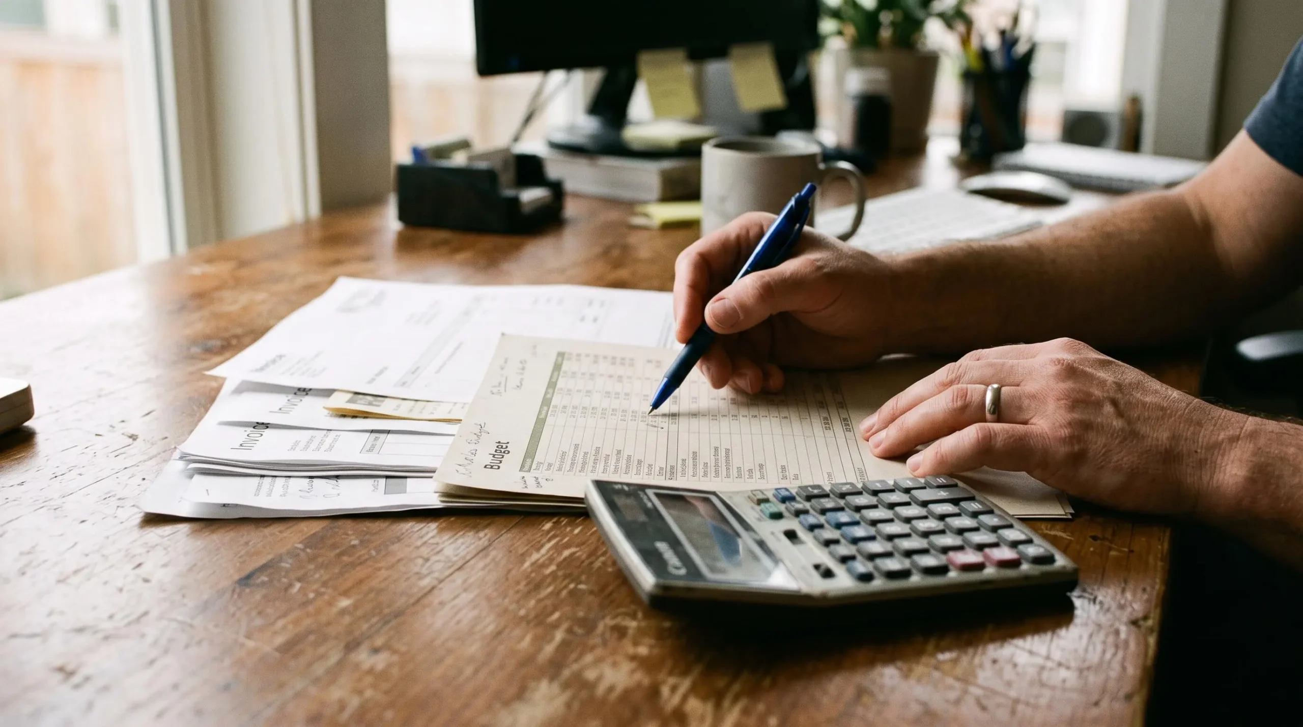 Des mains examinent des factures et un budget posés sur un bureau en bois.
