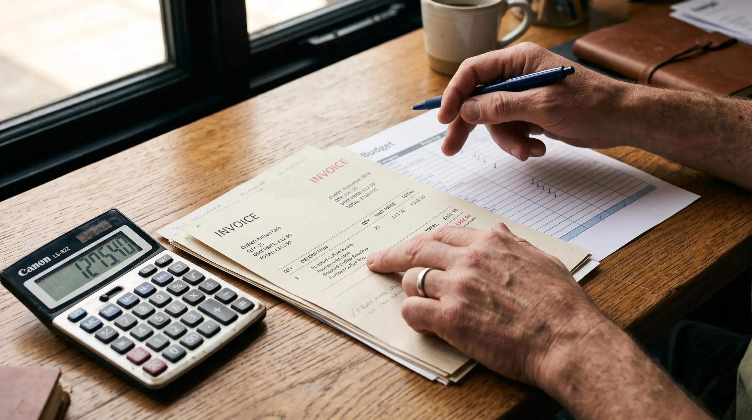 Des mains examinent des factures et un budget posés sur un bureau en bois.