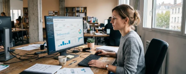 Un professionnel analyse un tableau de bord publicitaire sur son écran dans un bureau.