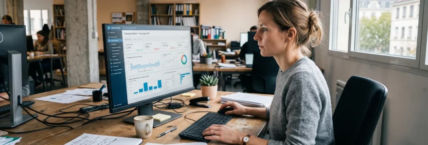 Un professionnel analyse un tableau de bord publicitaire sur son écran dans un bureau.