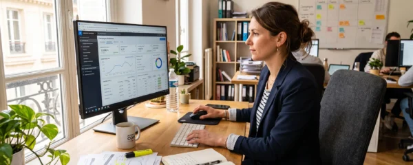 Un professionnel analyse un tableau de bord publicitaire sur son écran dans un bureau.