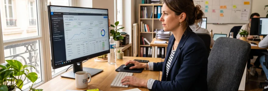 Un professionnel analyse un tableau de bord publicitaire sur son écran dans un bureau.