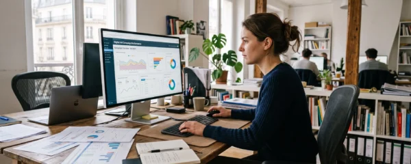 Un professionnel analyse un tableau de bord publicitaire sur son écran dans un bureau.