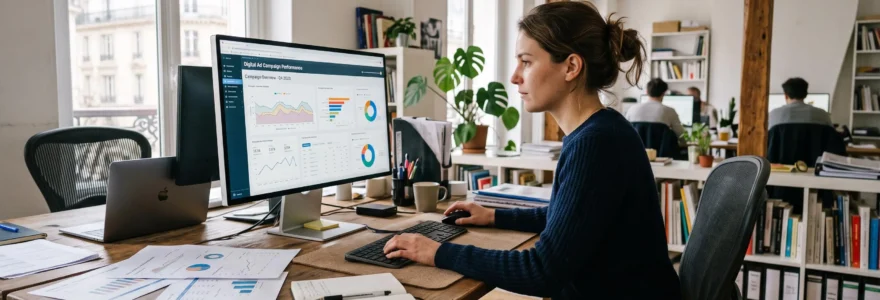 Un professionnel analyse un tableau de bord publicitaire sur son écran dans un bureau.